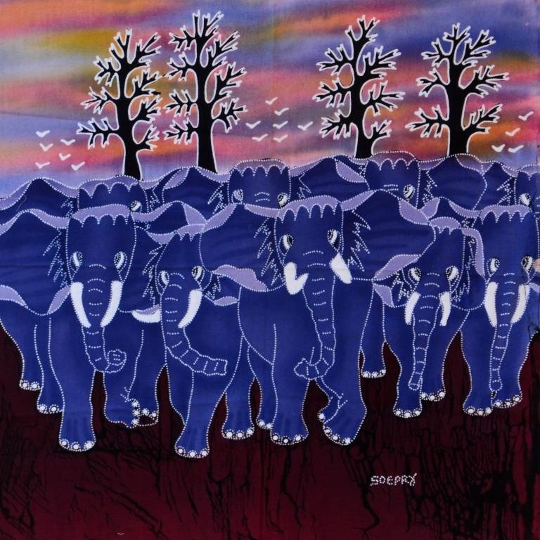 Batik Stoffbild mit vielen Elefanten in natürlichen Farben im Afrika-Deko-Shop kaufen Batik Stoffbild mit Elefanten Motiven in natürlichen Farben im Afrika-Deko-Shop kaufen